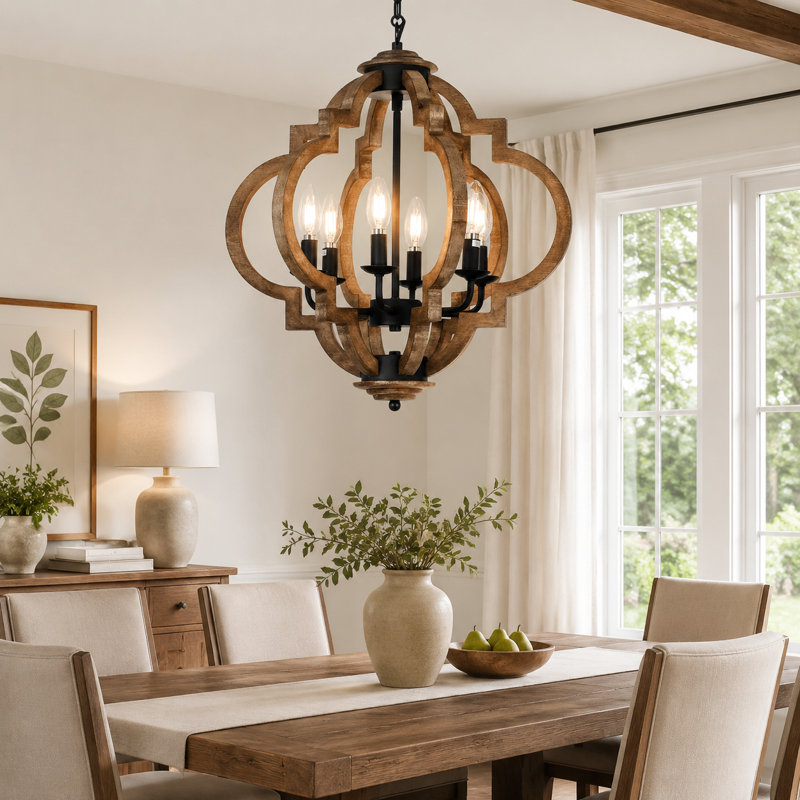 Lustre 6 lumières en bois de ferme