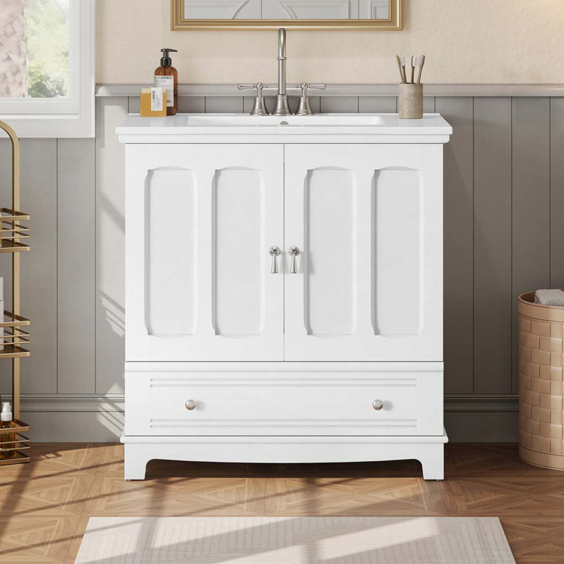 Meuble-lavabo 30 po avec lavabo en céramique, meuble-lavabo à cadre en bois massif avec tablette réglable, tiroir avec cloison