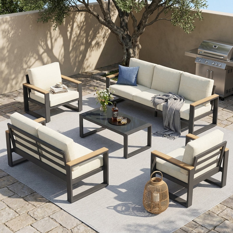 Ensembles de mobilier de patio tout en aluminium avec sièges surdimensionnés, ensemble de mobilier d'extérieur pour toutes les saisons, ensembles de conversation d'extérieur avec accoudoirs en bois doux au toucher