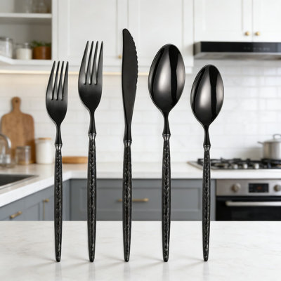 Ensemble de couverts 20 pièces en acier inoxydable pour 4 personnes, couverts forgés 18/10 robustes avec texture martelée, poli miroir, va au lave-vaisselle, comprend des cuillères et des fourchettes