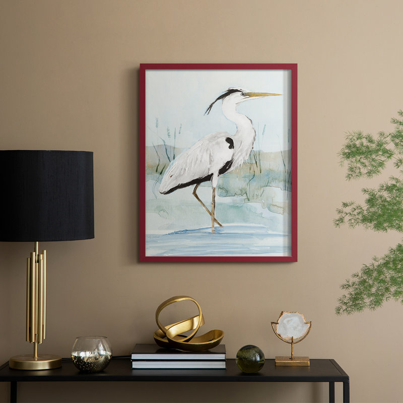Heron on Blue I, reproduction encadrée - bois massif, H 30 po x l 24 po, Rouge