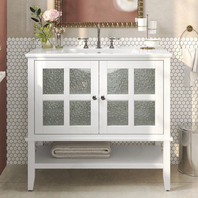 Meuble-lavabo avec tablette réglable et tablette ouverte, Blanc