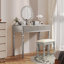 Bureau de coiffeuse de luxe avec miroir rond, hauteur réglable, ensemble de coiffeuse, 4 tiroirs et tabouret, argent