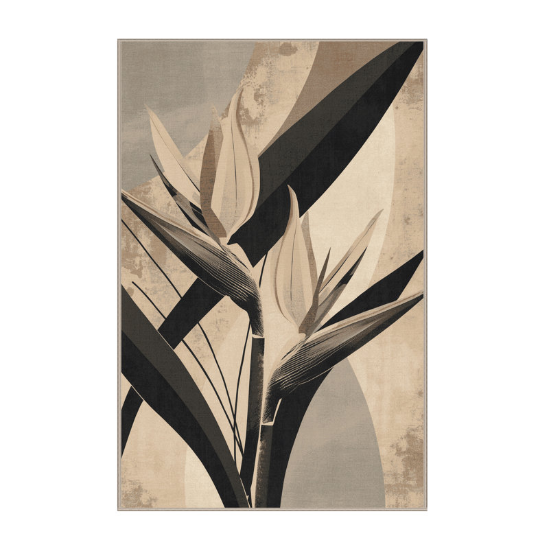 Tapis abstrait moderne et contemporain lavable à la machine à motif d'oiseaux de paradis en beige - Reliure beige, 8 x 10