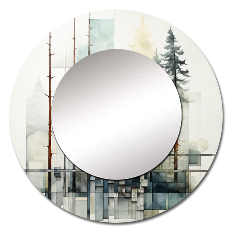 Redwood Tree Geometric Silence I - miroir décoratif séquoia, grand miroir mural rond traditionnel, impression d'art en métal
