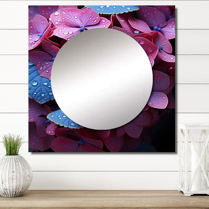 Eastborough - Neon Pink Hydrangea Harmony Hydrangea Square Living Room Wall Mirror Art, 23" x 23"