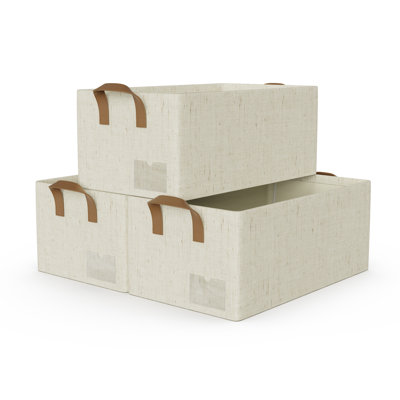 Fabric Storage Bins with Metal Frame and Handles, Beige Rectangle 18.5" x 11" x 7.8" Clothes and Toy Storage Container for Shelves, Living Room, Bedroom