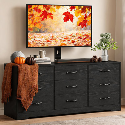 Meuble télé moderne en bois avec support mural et 9 tiroirs, centre multimédia de 55 po pour téléviseurs jusqu'à 85 po, console multimédia à hauteur réglable, meuble télé de rangement en bois pour salon