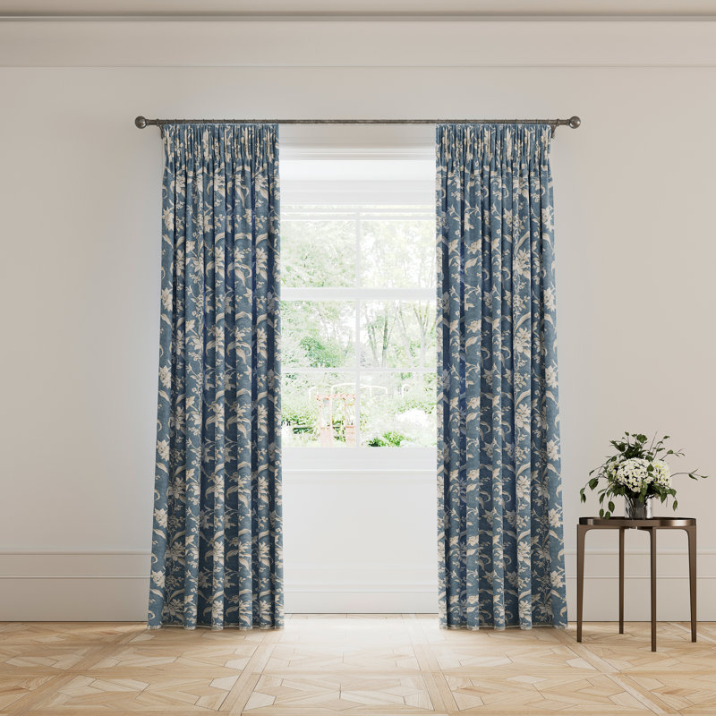 Daffodil Dreams 100% Cotton Room Darkening Curtain Pair, Blue, 66cm Width x 54cm Drop