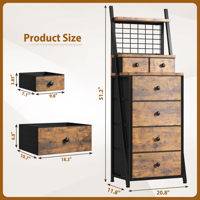 51" H Tall Nightstand with 6 Drawers, Brown