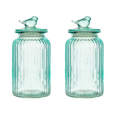 10 Strawberry Street Textured Glass Bird  Canister, Ribbed Round, Blue