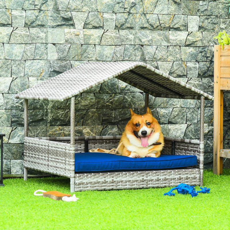 Abri pour chien bleu foncé avec auvent - Coussin imperméable pour lit de chien de taille petite à moyenne