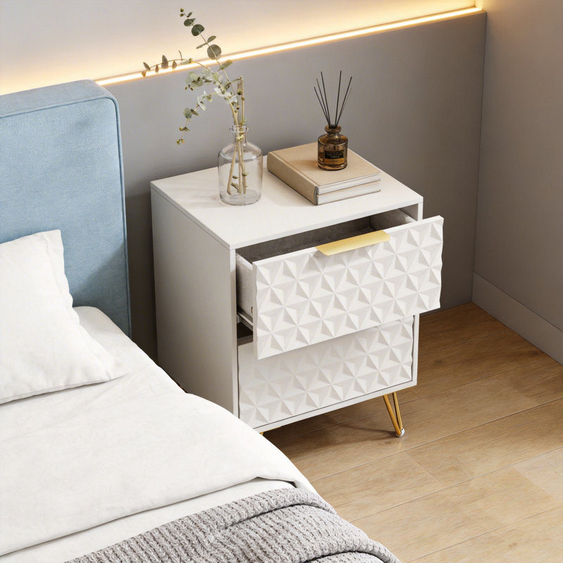 Table de chevet murale légère de luxe avec texture géométrique en relief 3D, table de chevet à 2 tiroirs avec pieds et poignées coniques dorés, armoire flottante moderne pour chambre à coucher, salon, bureau