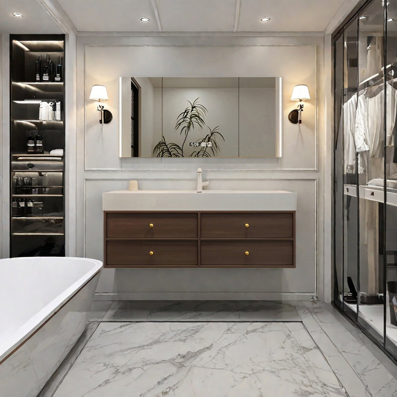 Middle ancient style intelligent bathroom cabinet, Noyer, H 21,65 po x l 51,18 po x P 21,65 po