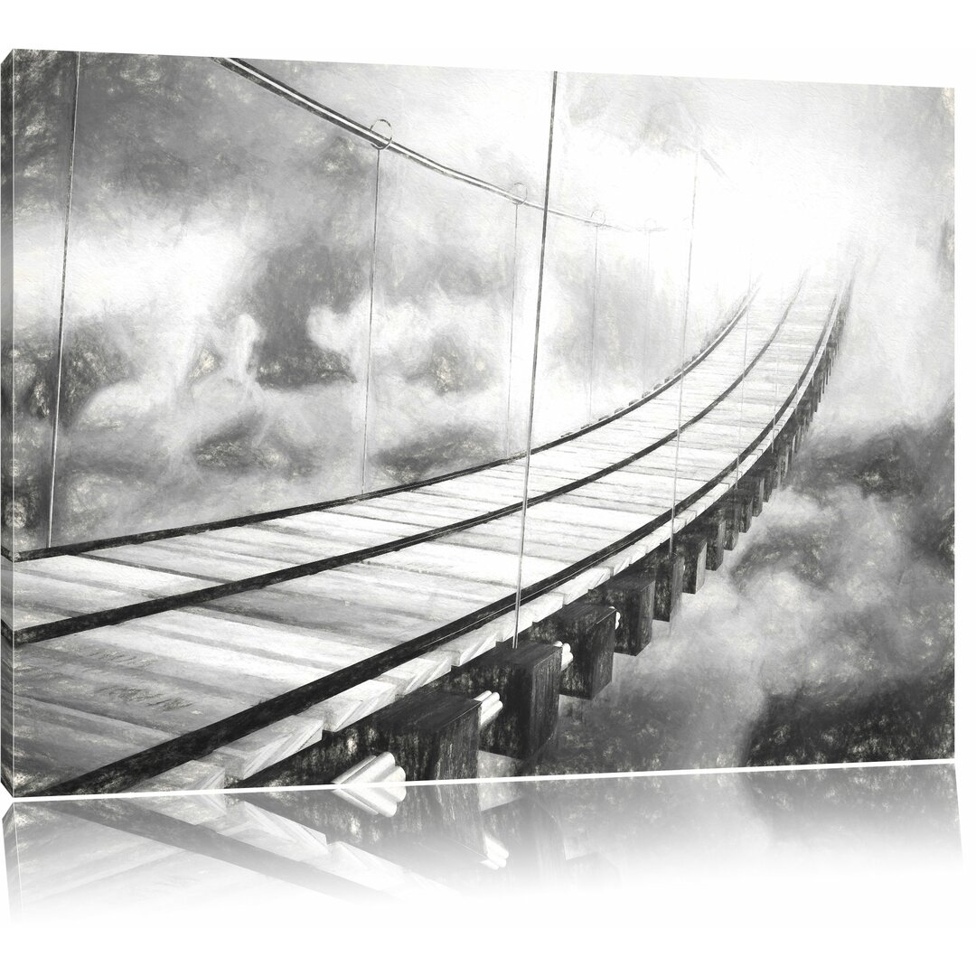 Leinwandbild "Hölzerne Brücke in den Wolken", Grafikdruck