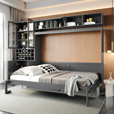 Queen Size Murphy Bed Wall Bed With Sofa , Shelves USB & Light ,Gray(OLD SKU:LP000764AAE)