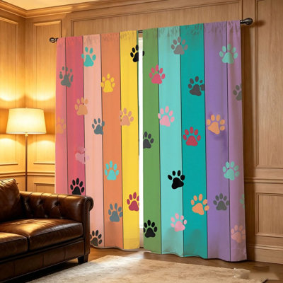 2 pièces de rideaux en bois avec empreintes de pattes colorées, rayures arc-en-ciel vibrantes, conception ludique pour amoureux des animaux de compagnie, obscurcissement de la pièce et protection de la vie privée, passe-tringle pour la vie, chambre à coucher, décoration pour enfants