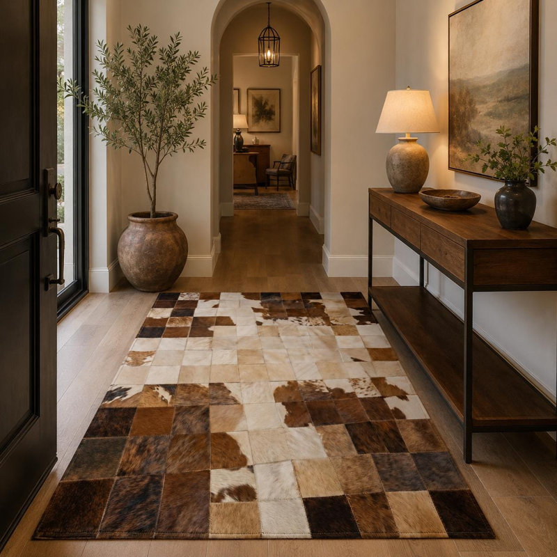 Tapis en cuir de vache patchwork fait à la main, tapis en cuir véritable, tons de brun beige, 8 x 10 pi