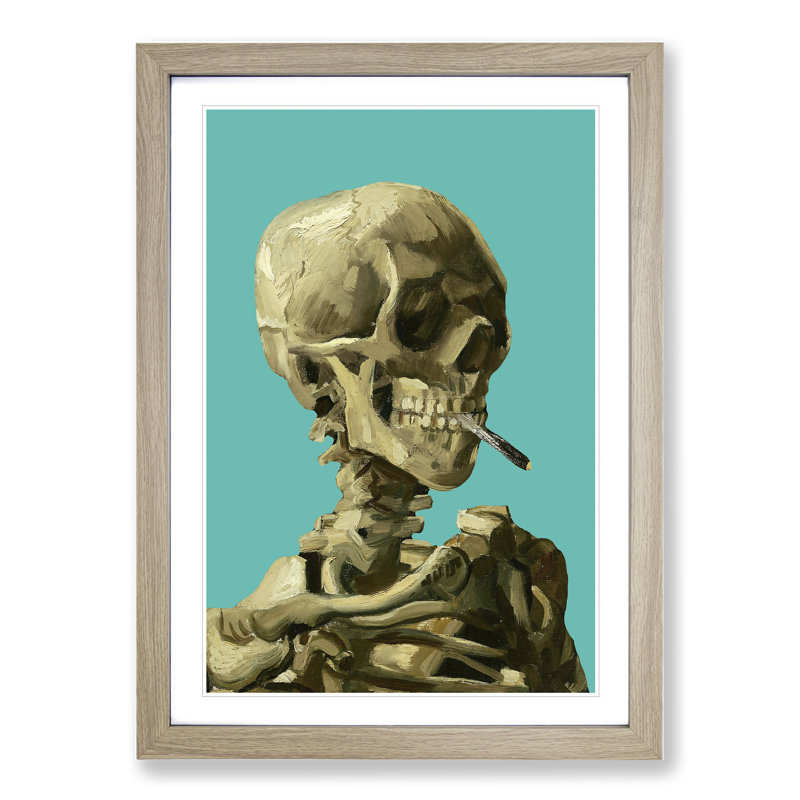 Teal Skull of a Skeleton with Cigarette by Vincent Van Gogh - Picture Frame Graphic Art, 90cm H x 65cm W x 2cm D, Oak Framed
