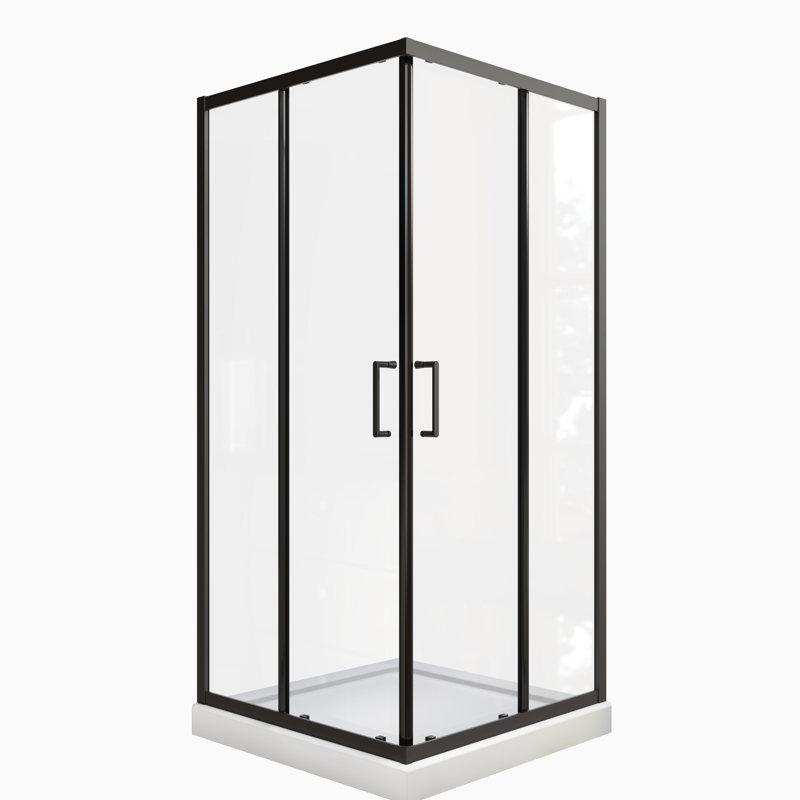 Porte de douche noire matte avec verre trempé de 1/4 po, clôture de salle de bain de 34,625 po x 72 po et poignée en acier inoxydable transparent - pivot à angle