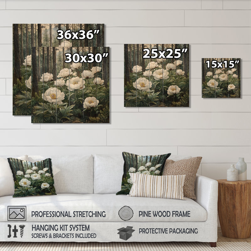 Pivoines dans la forêt alpine IV - reproduction de bois de pivoines - sur bois de pin naturel, H 30 po x l 30 po x P 0,78 po