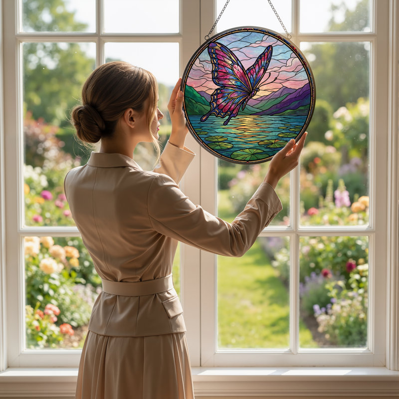 Panneau de vitrail papillon 7,8 "H, H 7,8 po x l 7,8 po