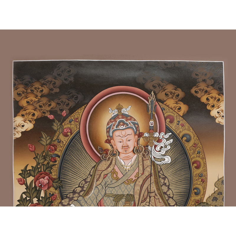 Art mural bouddhiste tibétain peint à la main Gouang Padmasambhava (Gurang Rinpoché), sans brocart, or 24 carats, 24 po x 17,7 po