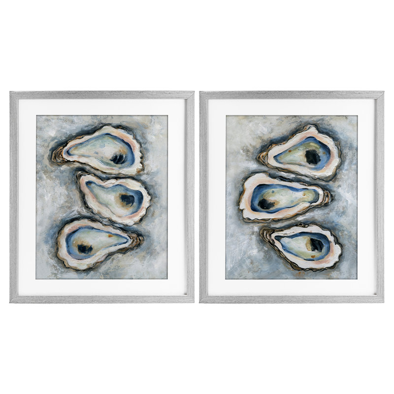 Oyster Bar Trios, ensemble de 2 impressions encadrées sous verre, design par Carol Robinson, Cadre de ferme gris