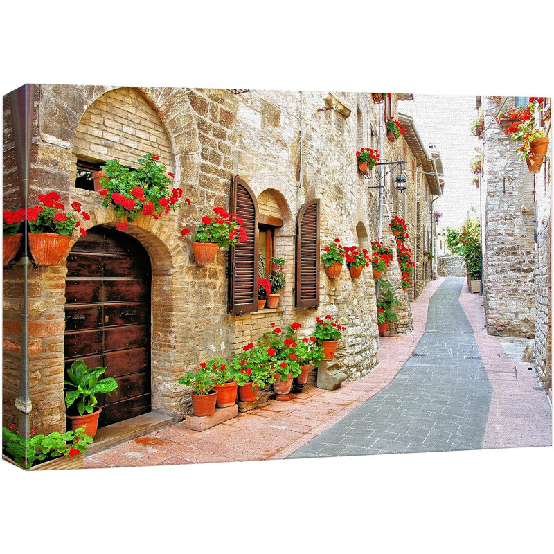 Italian Village Street Floral Landscape Canvas Art in 32" x 48"