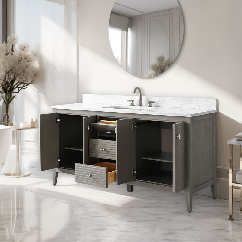 Laval 60" Single Sink Freestanding Bathroom Vanity with Engineered Marble Top, Brushed Nickel, Linear Driftwood Gray