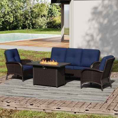 5-Person PE Wicker Outdoor Fire Pit Table Set With Sofa,Chairs & Blue Cushions