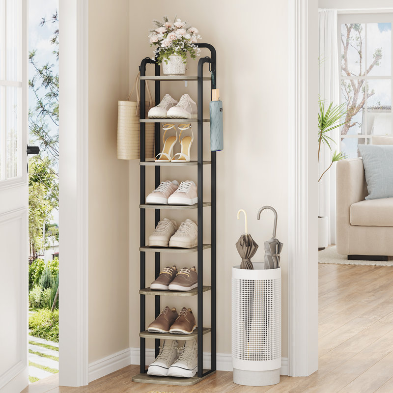 10 Tiers Vertical Shoe Rack, Narrow Shoe Tower, Tall Shoes Shelf with 2 Hooks, Adjustable Shelves, Corner Shoes Shelves for Small Spaces, Entryway, Living Room, Greige