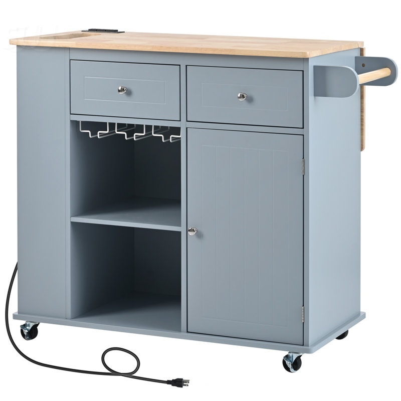 Kitchen Island With Power Outlet, Drop Leaf, Open Storage, And Wine Rack, 5 Wheels, Adjustable Shelves, Blue
