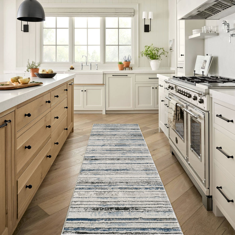 Modern Minimalist Striped Area Rug in Blue/Cream/Gray for Living Room, Hallway, Entryway Rugs, Runner 2' x 7'10"