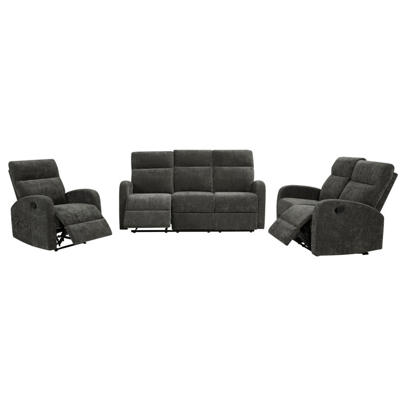 Ensemble de canapé inclinable manuel en chenille 3 pièces Camecia Gris anthracite, 3 pièces: chaise, causeuse, canapé