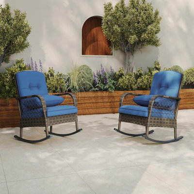 Ensemble de 2, chaise berçante en osier pour l'extérieur, chaise berçante en rotin PE avec coussins et structure en acier, meubles de jardin toutes saisons pour jardin, cour et porche, bleu