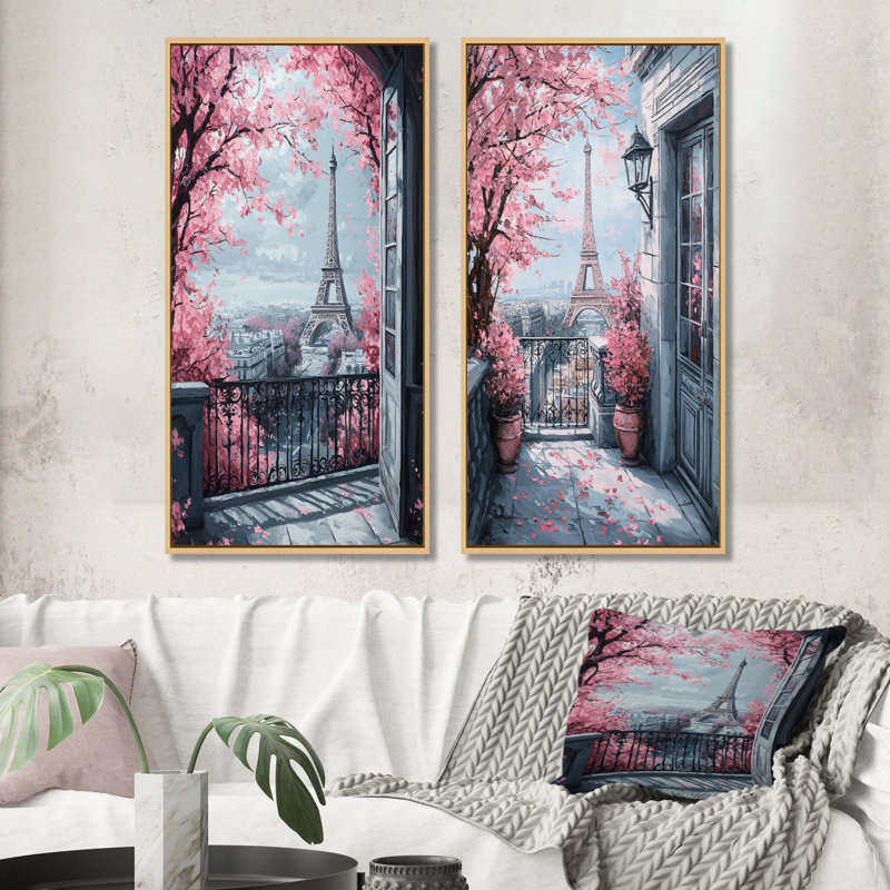 Ensemble de 2 pièces d'art mural Paris Eiffel Paris View I - City Paris, Cadre flottant en érable, H 28 po x l 24 po