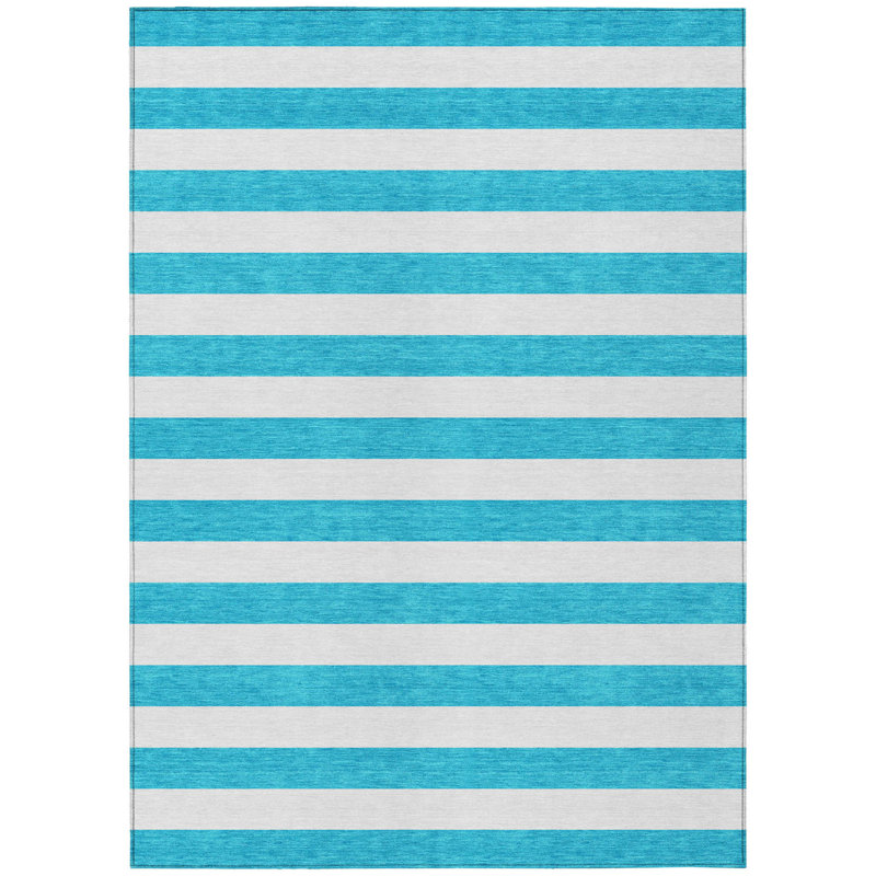 Tapis intérieur / extérieur rayé sarcelle et blanc, Rectangle de 5 pi x 8 pi