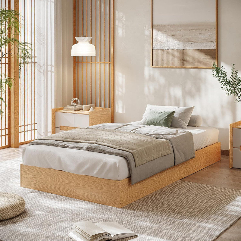 Structure de lit plateforme en bois sans tête de lit, support de lattes de bois sans sommier, assemblage minimaliste facile
