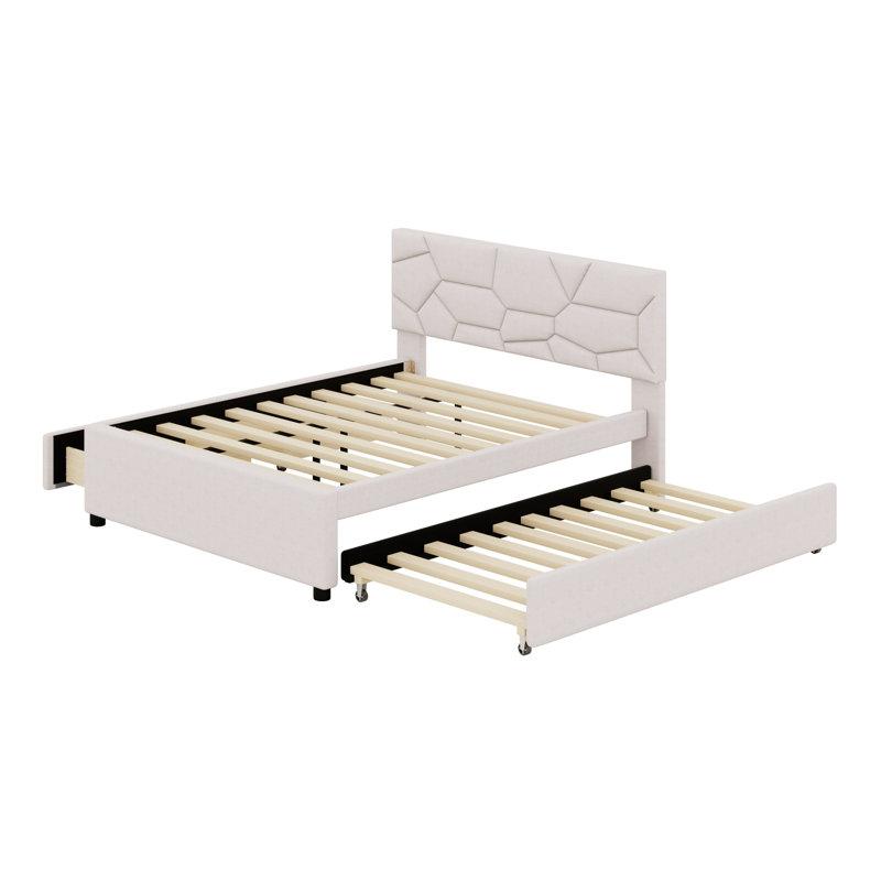 Lit plateforme tapissier avec tête de lit à motif brique, gigogne et 2 tiroirs, Beige