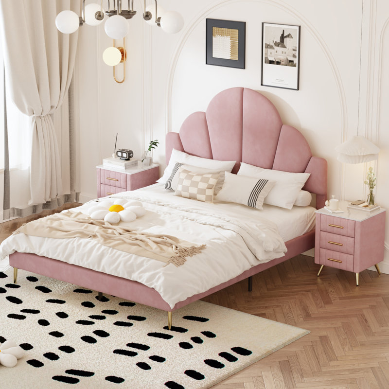 Ensemble de chambre à coucher 3 pièces, cadre de lit tapissier moderne avec tête de lit pétale, tables de chevet 3 tiroirs, rose