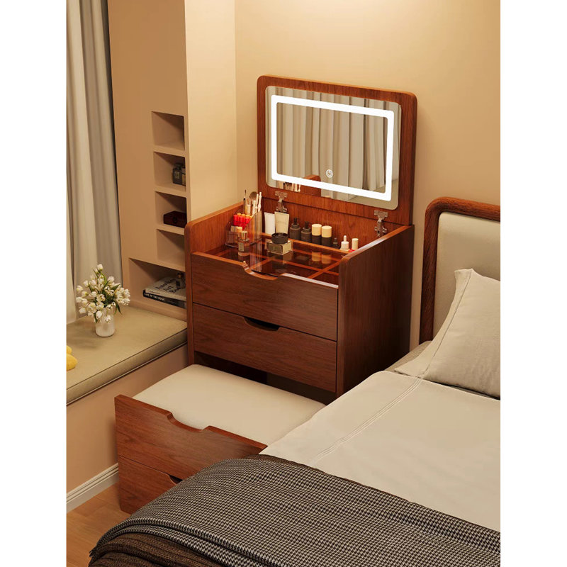 (48cm) (noyer) Bureau de coiffeuse 3 en 1 avec miroir Plip, petit ensemble de coiffeuse avec bureau en verre visible, coiffeuse compacte à maquillage avec 3 tiroirs