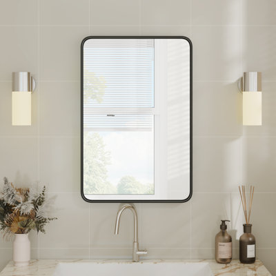 Miroir rectangulaire arrondi avec cadre en aluminium, miroir de meuble-lavabo mural, miroir d'entrée / horizontal moderne