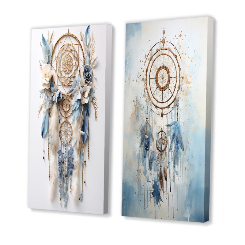Capteur de rêves blanc et bleu Tranquility - Dream Catcher Wall Art, ensemble de 2, Toile tendue, H 28 po x l 25 po