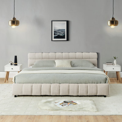 California King size Upholstered Bed ,comfortable upholstered bed frame, Chenille fabric, with headboard and solid bed frame. With drawer for storage.