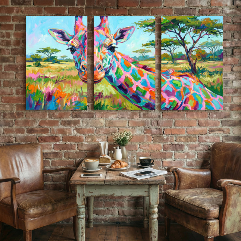 Animaux, girafe colorée, ensemble de 3 reproductions d'art sur toile, H 30 po x l 60 po