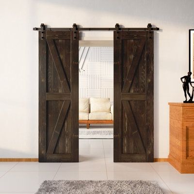 Porte en bois de pin K Design non assemblé avec quincaillerie d'installation rustique noire à deux portes