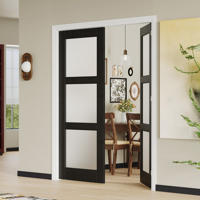 Porte intérieure double à portes françaises avec cadre assorti - portes de garde-manger intérieures en panneau de fibres à densité moyenne en verre givré noir 3 Lite avec moulures décoratives