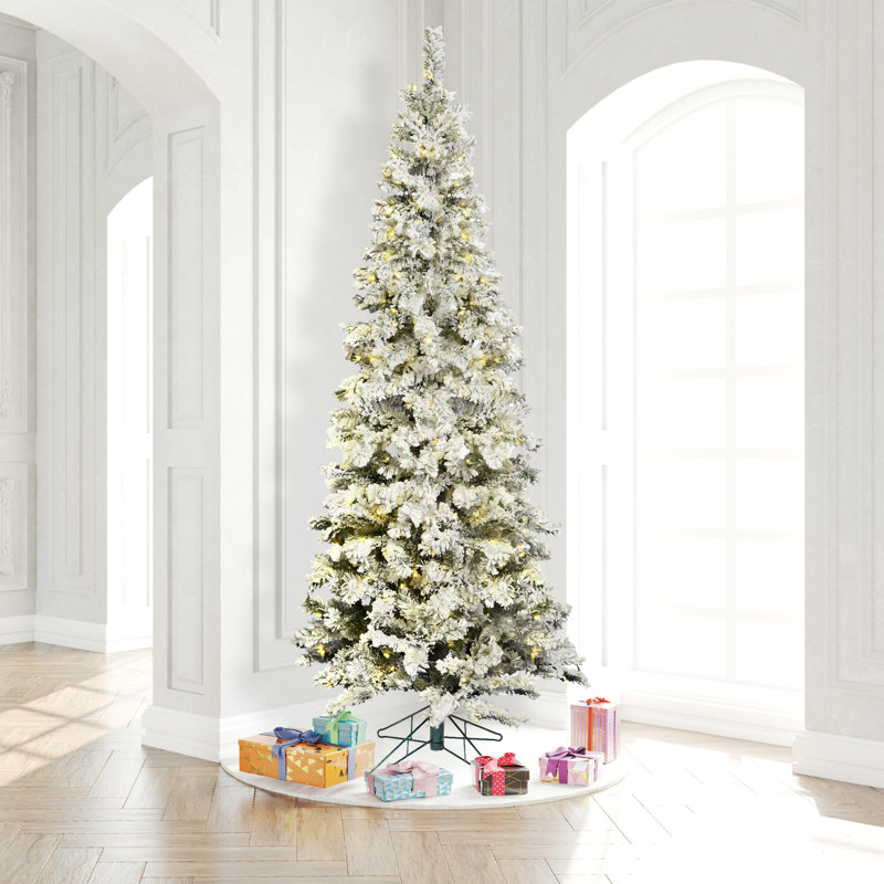 Pacific Flocked Pencil Pine Artificial Christmas Tree with Lights and Stand Included, 9.5' H, Warm White LED