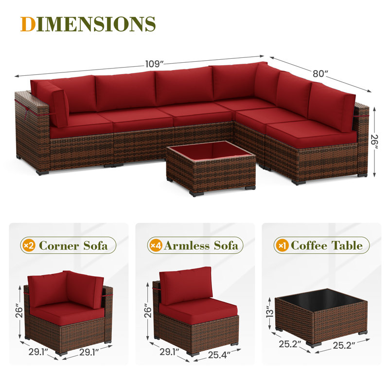 Wicker 6 - Person Modular Patio Conversation Set with Cushions, Burgundy
